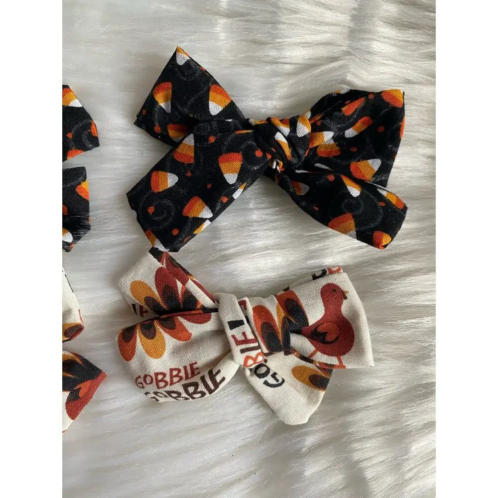 Handmade Halloween and Thanksgiving Piggy Bow Sets- Turkey and Candy Corn